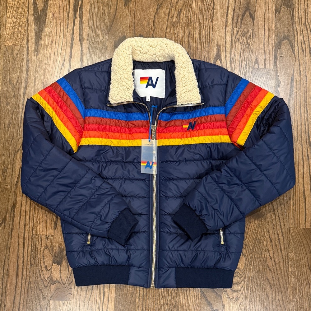 Aviator Nation Navy Puffer Jacket with Multicolor Stripes